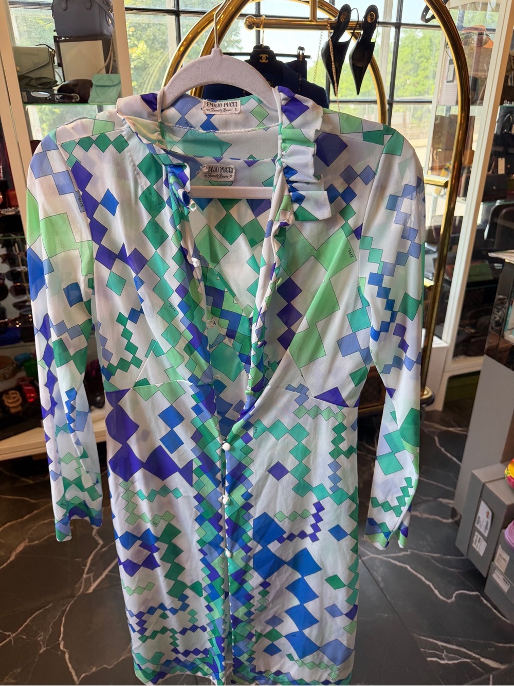Emilio Pucci Abstract Geometric Silk Blouse in Blue & Green 2 pc